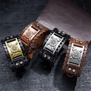 Retro Viking double axe leather bracelet for men, vintage metal shield braided wristband.