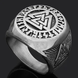 Men's Viking Rune Valknut Titanium Steel Ring Vintage Silver Finished Statement Jewelry
