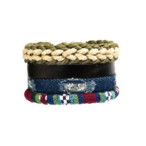 Handmade denim and leather multi-layer braided bracelet set with ethnic style four pieces.