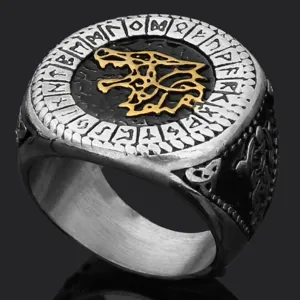Men's vintage Viking wolf ring in titanium steel with detailed rune engravings and gold accent.