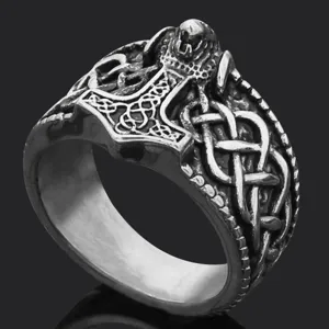 Vintage Viking Thor Hammer Wolf Ring Men Nordic Rune Stainless Steel Statement Jewelry