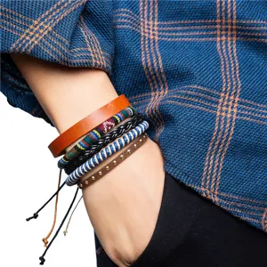 Conjunto de Pulseras de Cuero Trenzado Multicapa Vintage Bohemio Brazaletes de Cuerda Trenzada Multihilo Joyería Unisex