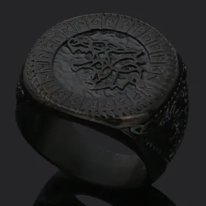 Men's vintage titanium steel ring featuring a Norse wolf and runic circle design.