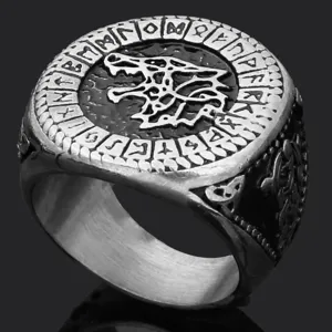 Men's vintage Viking wolf ring with Norse runes, stainless steel retro biker finger jewelry.