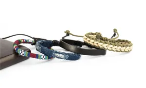 Handmade bohemian denim leather braided bracelet set for women and men daily wear