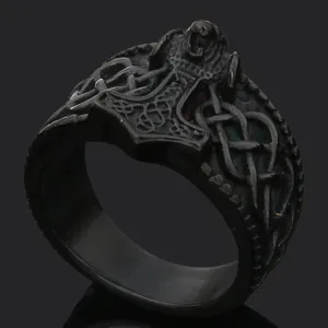 Viking Thor's Hammer wolf head ring for men, retro Norse rune titanium steel band.