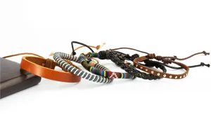 Conjunto de pulseras de cuero y tejidas de múltiples capas, estilo retro, ajustable.