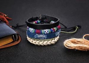 Handmade multi-layer braided leather denim bracelet set for men and women boho ethnic style.