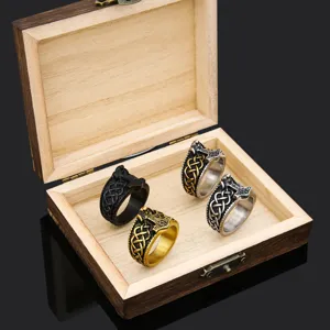 Men vintage Viking Thor hammer wolf ring stainless steel Nordic rune rings set in wooden box