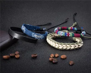 Bohemian handmade bracelet set featuring leather, denim, and woven ethnic styles.