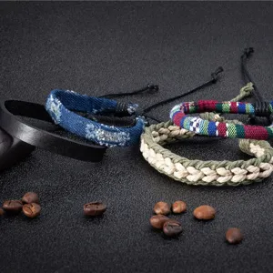 Boho handmade bracelet set featuring denim, leather, and woven rope designs for casual wear.