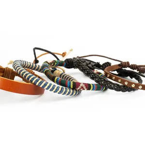 Conjunto de pulseras de cuero trenzado hecho a mano, joyería étnica bohemia.