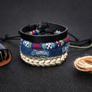 Multi-layer woven leather and denim bracelet set for men and women boho fashion jewelry.