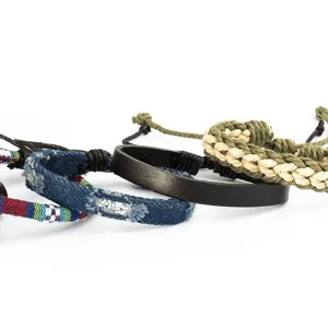 Boho handmade denim and leather braided bracelet set for men and women 4-piece pack