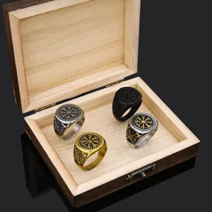 Conjunto de anillos de acero inoxidable con runas vikingas para hombre, joyeria nordica.