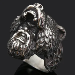 Wikinger Wolf Kopf Ring für Herren, Vintage Edelstahl Nordischer Runen Schmuck für Männer.