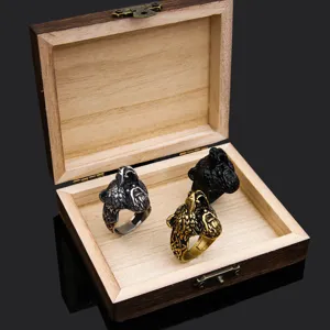 Herren Vintage Edelstahl Wolfskopf Ring Set mit edler Holz Präsentationsbox Schmuck