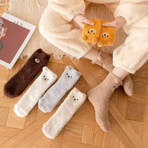 Thick fluffy winter cute bear mid-tube socks warm coral fleece home sleep floor socks