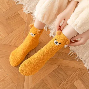 Cute winter plush bear socks, fluffy coral fleece warm mid-calf home floor socks for women.