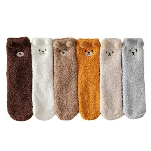 Women winter coral fleece plush socks cute bear ears thick warm sleep floor socks set