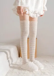Cozy winter women over the knee coral fleece striped socks, thick warm home cute hosiery.