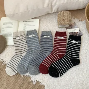 Women striped wool socks Korean style cute egg label mid tube winter warm slouch socks