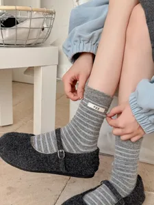 Korean style striped wool socks for women, warm mid-calf knit slouch socks with cute egg label.