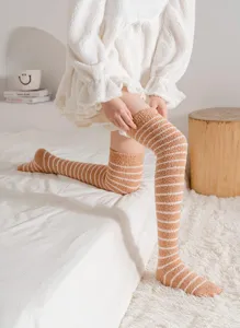 Winter warm plush striped over-the-knee cozy socks for women soft home sleep wear casual