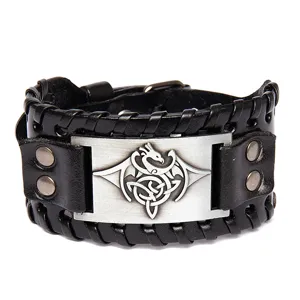 Vintage wide leather bracelet with metal dragon plaque punk gothic wrap wristband men