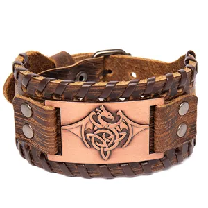 Vintage Wide Leather Bracelet Punk Viking Dragon Cuff Bangle Retro Jewelry for Men Women
