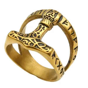 Anillo de acero inoxidable con runas del martillo de Thor vikingo para hombre joyería nórdica retro