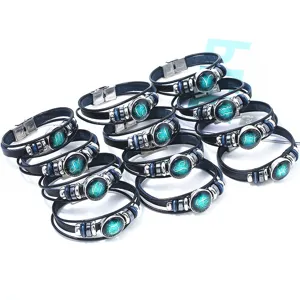 Pulsera de cuero zodiacal multicapa vintage cierre acero inoxidable joyería astrología