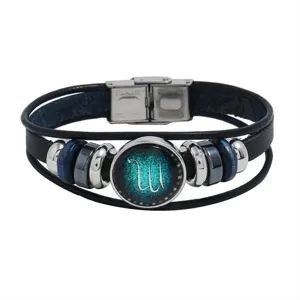 Pulsera de zodiaco de cuero multicapa de moda con cierre de acero inoxidable, estilo punk.