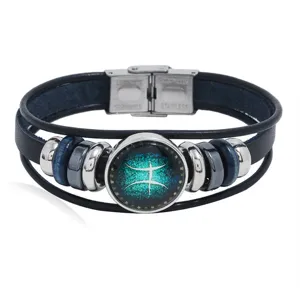 Brazalete de cuero de zodíaco multicapa vintage con cierre de acero inoxidable y cuentas