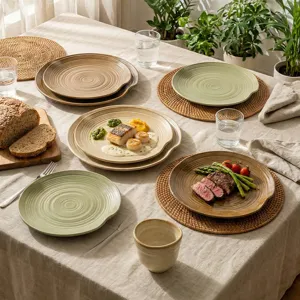Plato de bistec occidental de ceramica con patron de lineas retro para elegante mesa.