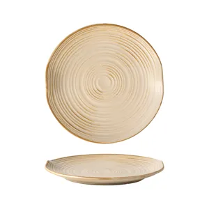 Plato llano de cerámica con espiral retro beige elegante para carne y postre occidental