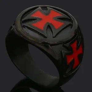Men gothic vintage titanium steel ring with striking red cross design for daily biker fashion wear