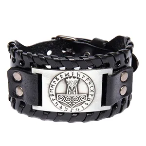 Vintage Thor Hammer wide leather bracelet Viking rune amulet punk rock wristband jewelry