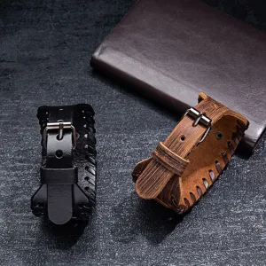 Vintage wide leather bracelets for men, punk rock style black and brown wristband set.