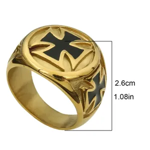 Mens vintage titanium steel cross ring retro biker jewelry with black accent main product view.