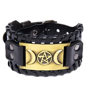 Vintage leather bracelet with pentagram Wicca triple moon symbol retro punk cuff jewelry
