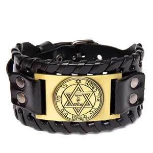 Vintage leather bracelet with metal hexagram talisman gothic punk wide wristband for men
