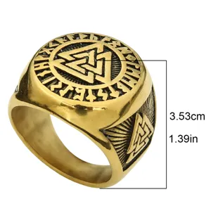 Viking Valknut Norse Runes Gold Titanium Steel Ring for Men Vintage Statement Jewelry