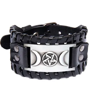 Punk black leather cuff bracelet with metal plate triple moon pentagram occult gothic jewelry