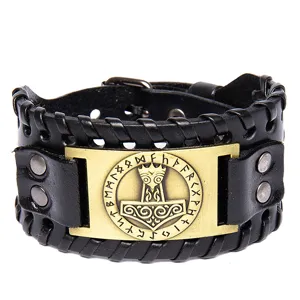 Vintage wide black leather bracelet with Norse Thor Hammer rune metal plate gothic jewelry