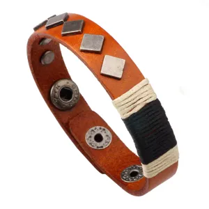 Punk style leather bracelet with metal diamond studs and black beige woven threads daily.