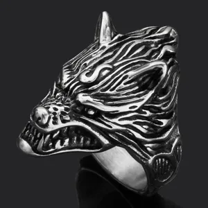 Anillo Lobo Vikingo Hombre Acero Titanio Gótico Joyería Nórdica Vintage Biker Banda Dedo