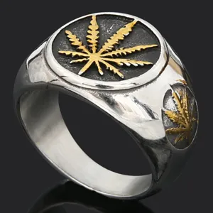 Anillo hombre vintage de acero titanio hoja de cannabis sello estilo punk rock motero joya
