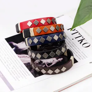 Punk leather rivet bracelet set featuring multi-color alloy diamond studs for men and women.