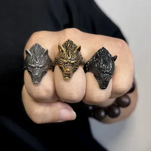 Conjunto de anillos de cabeza de lobo vintage para hombre, joyas góticas de acero titanio